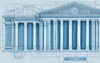 A detailed architectural blueprint with various building elements like columns