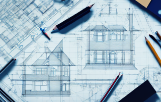 A drafting table with a blueprint of a house plan
