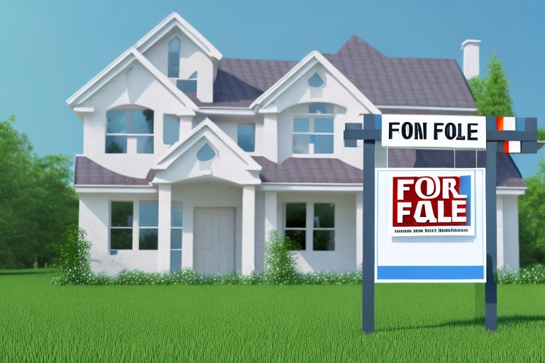A newly constructed house with a "for sale" sign in the front yard