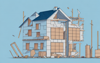 A house under construction with various building materials and tools scattered around