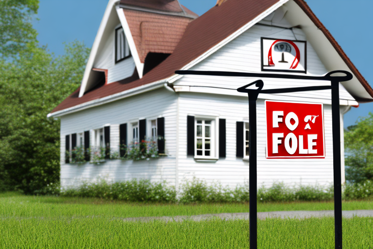 A classic hamburg house with a "for sale" sign in the front yard