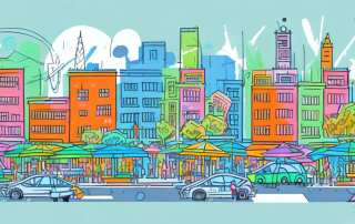 A vibrant city center with colorful buildings