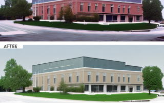 A commercial building with a "before and after" split image