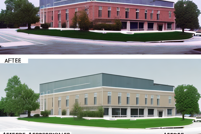 A commercial building with a "before and after" split image