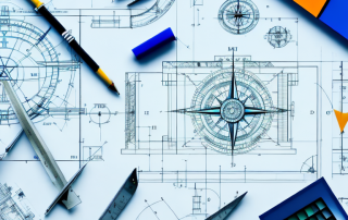 An architect's drafting table with blueprints
