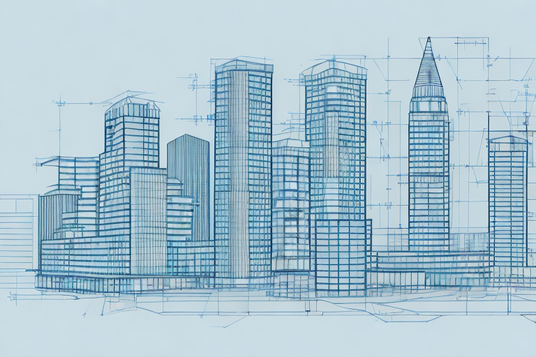 A simplified cityscape with various stages of construction projects