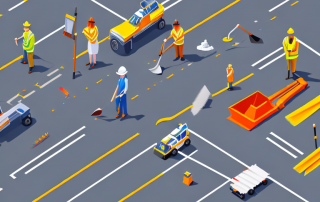 A road maintenance scene with various tools such as a broom