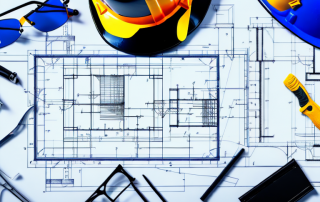 Various construction tools and architectural blueprints spread out on a table