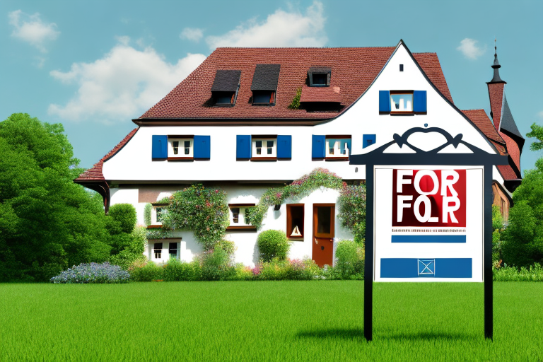 A beautiful house with a 'for sale' sign in the yard