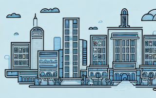 A cityscape with prominent public institutions like a library