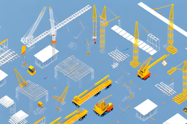 A well-organized construction site with various equipment like cranes