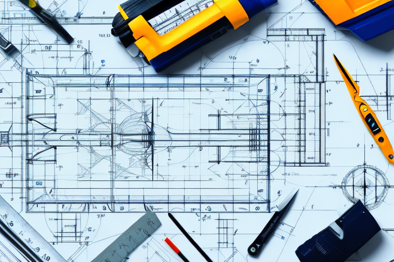Various construction tools like a blueprint