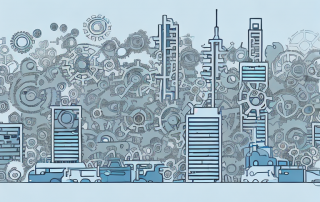 A bustling cityscape with various business buildings