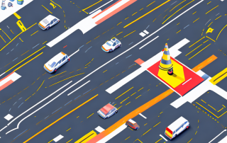 A road with various types of lane markings and traffic symbols