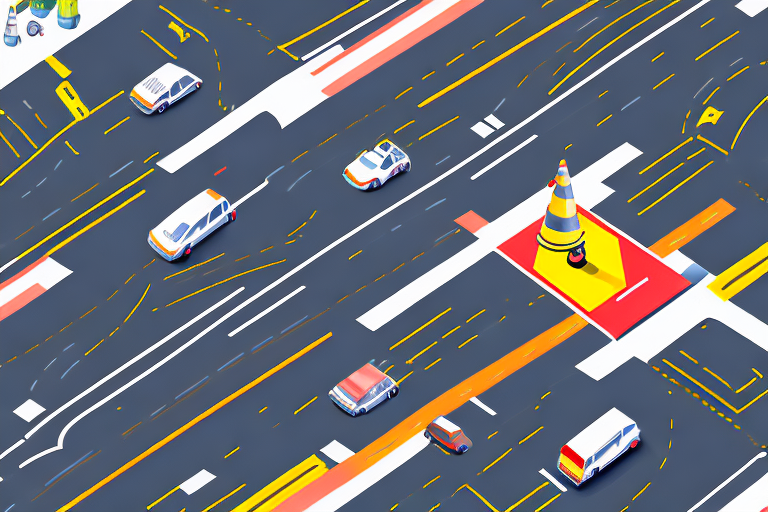 A road with various types of lane markings and traffic symbols