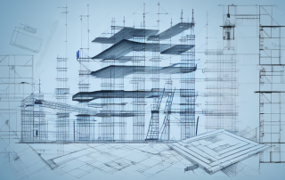 A construction site with various tools and blueprints