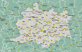 A map of north rhine-westphalia (nrw) with various roads and highways