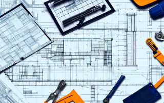 A construction site with various architectural structures