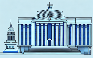 A government building with scales of justice in the foreground