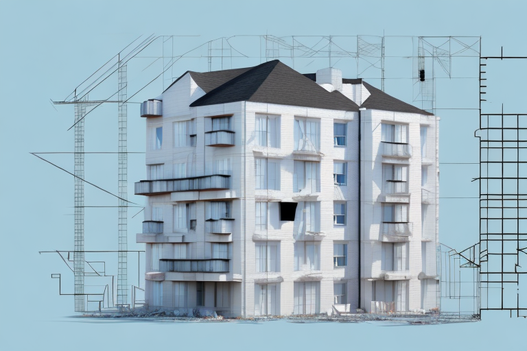 A multi-family house under construction with visible architectural plans and various construction materials scattered around