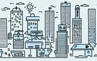 A cityscape with various public institutions like schools
