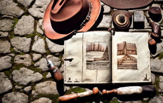 A scenic countryside with various historical craft tools scattered around