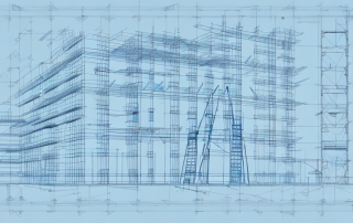 A construction site with various building tools and blueprints
