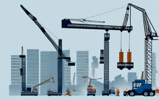 A crane in operation at a construction site with various tools and equipment