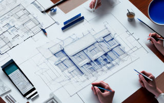 A variety of architectural drawings and blueprints spread out on a table