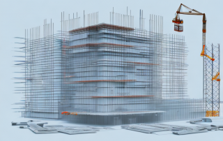 A modern construction site with various technical building equipment such as hvac systems