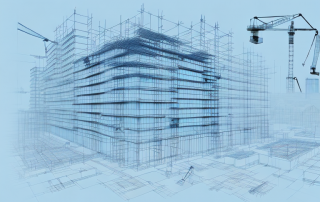 A construction site with various building tools and blueprints