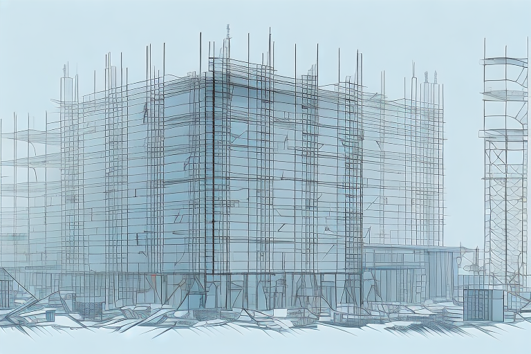 A construction site with various building structures in progress