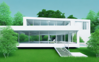 A professionally built prefab house with visible features like a solar panel roof and a landscaped garden