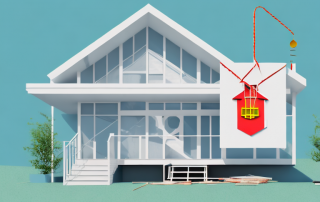 A modern two-family prefab house with a price tag hanging from it
