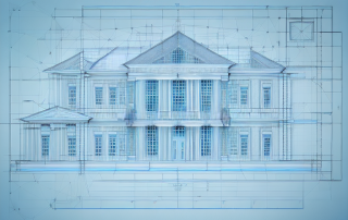 An architectural blueprint with various construction elements like a ruler