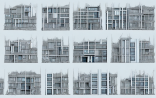 Various architectural styles of houses under construction