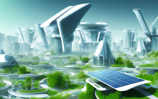 A futuristic cityscape showcasing innovative and sustainable house designs