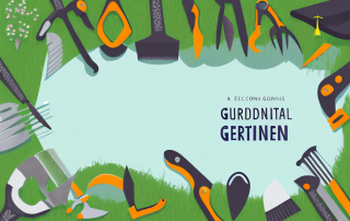 A scenic garden with various gardening tools and a graduation cap