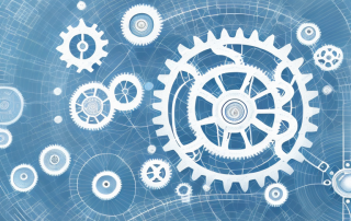 Various project stages represented as interconnected gears in a machine