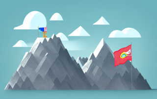 Various project phases represented as stepping stones leading towards a flag on a mountain peak