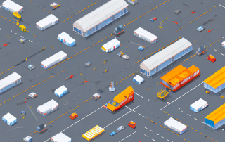 A street maintenance depot with various road maintenance equipment and tools