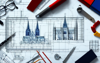 Various construction tools and blueprints spread out on a table