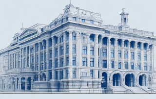 A detailed architectural sketch of a historic building