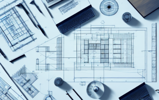 An architect's desk with various tools such as a blueprint