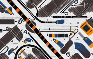 A railway track under construction with various tools and equipment scattered around