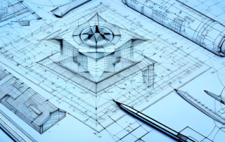 An architect's tools such as blueprints