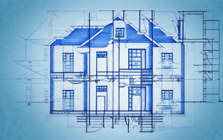 A blueprint of a house with various stages of construction marked on it