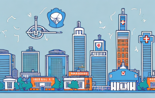 A cityscape with various public buildings like a school