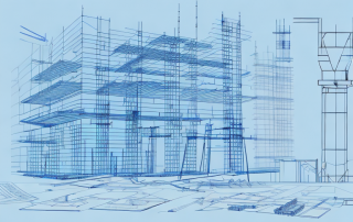 A construction site with various building tools and blueprints
