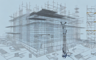 A construction site with various building materials and tools